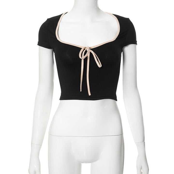 Dame cropped T-shirt med dekorativ bindebånd Skovae
