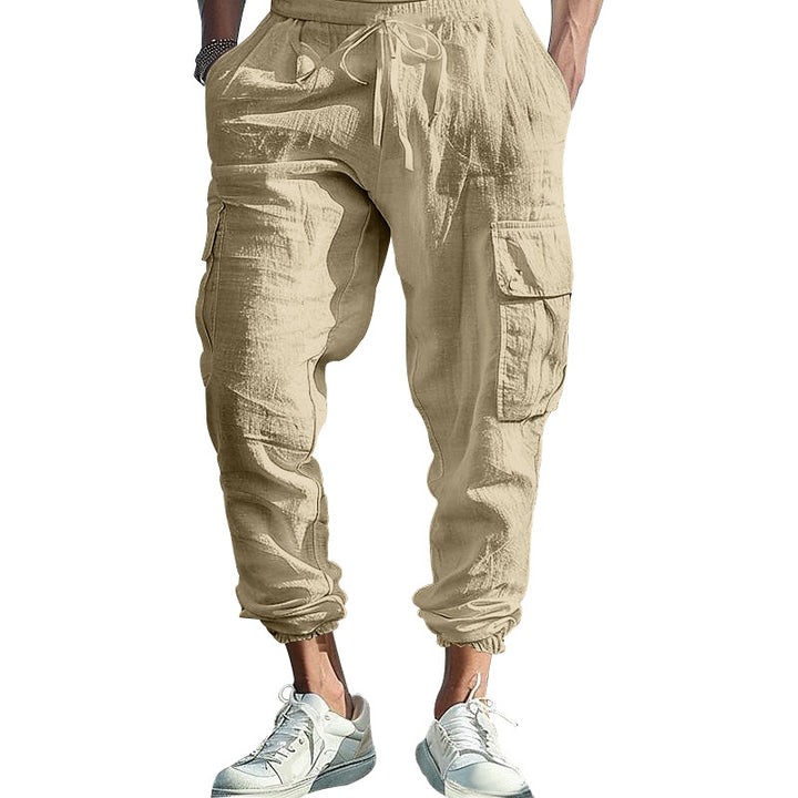 Herren nan afslappede linned cargo joggers med snoretræk, store klaplommer og elastisk ankelafslutning Skovae