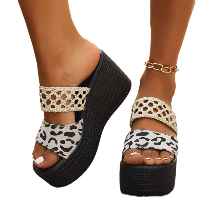 Dame nan Plateau-Pantolette med flettet rem Leopardmønster-tåseparator og Espadrille-kilehæle Skovae