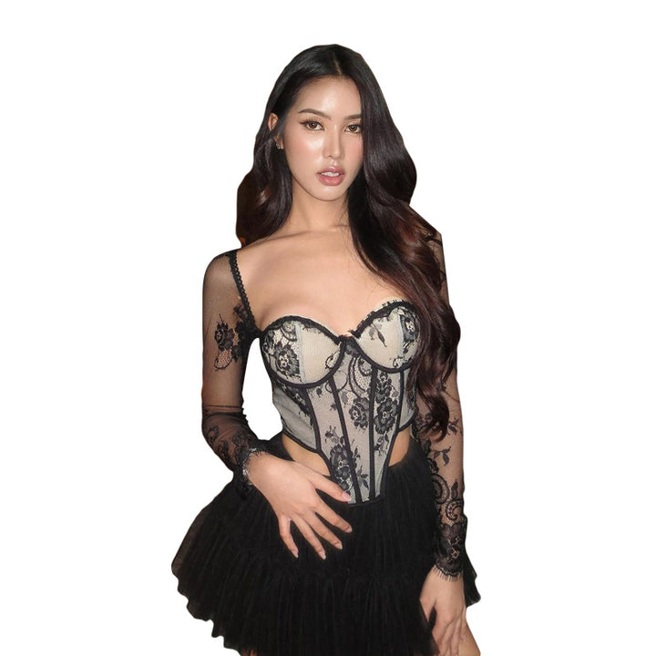 Dame Korset-top med forførende lace-design og lange ærmer Stilla