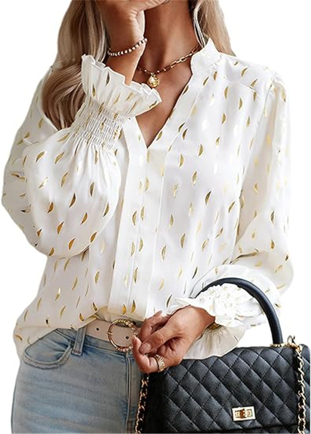 Damebluse med elegant guldmønster Stilla