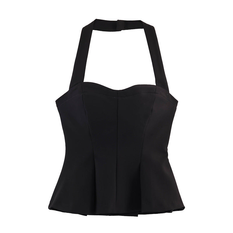 Dame Chic Halterneck top med tætsiddende snit og raffineret flæse Skovae