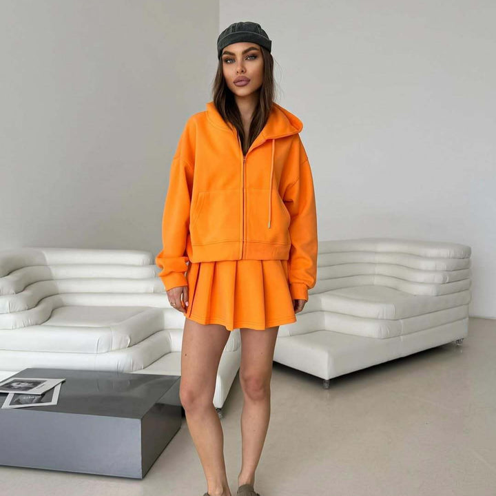 Dame Casual Hoodie og Nederdel Sæt med Skjult Lynlås og Elastisk Talje