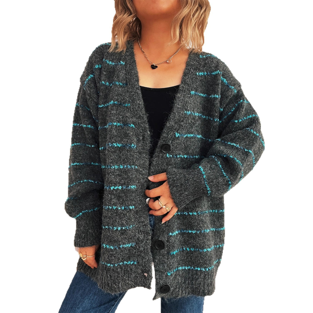 Damer varm strik cardigan med stribet mønster og store knapper Stilla
