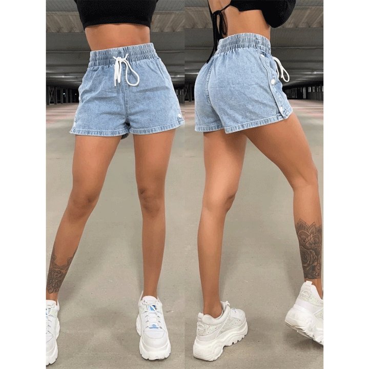 Dame Denim-Shorts med elastisk talje og dekorative trykknapper Stilla