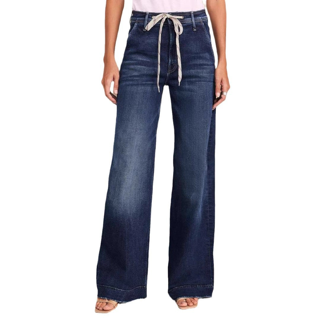 Dame brede jeans med mode snor og elastisk bånd