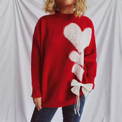 Kvinders strikket sweater med charmerende hjerte design og dekorativ sløjfe Stilla