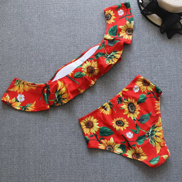 Dame bikini sæt med floralt ruffle-design og høj talje trusser Skovae