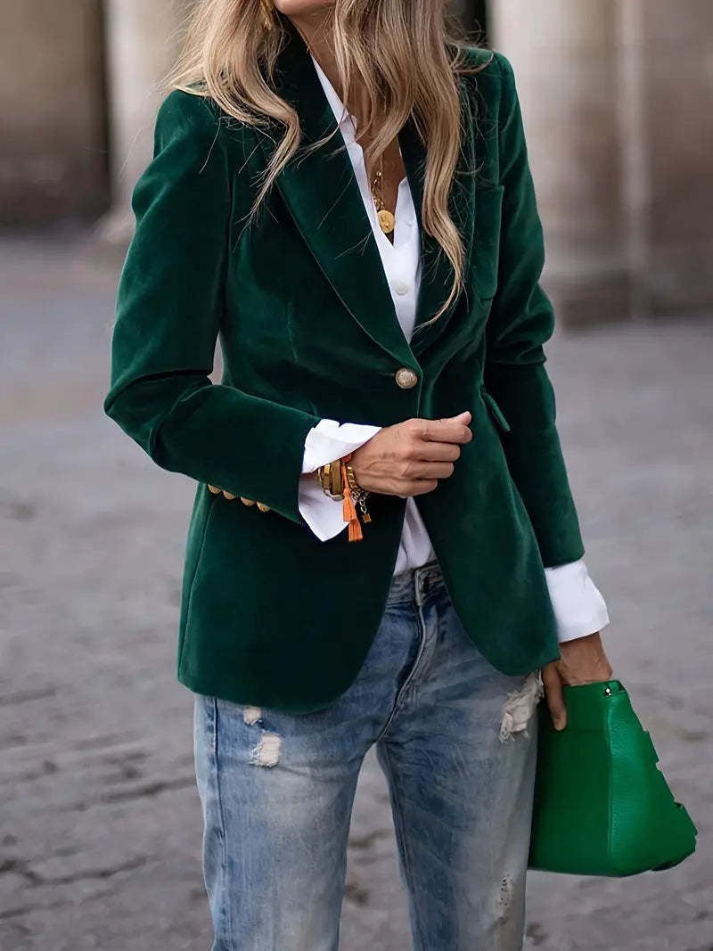 Damer Elegant Fløjl Blazer med Skræddersyet Pasform og Guld Knapper Stilla