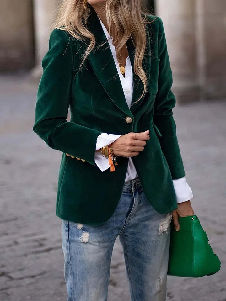 Damer Elegant Fløjl Blazer med Skræddersyet Pasform og Guld Knapper Stilla