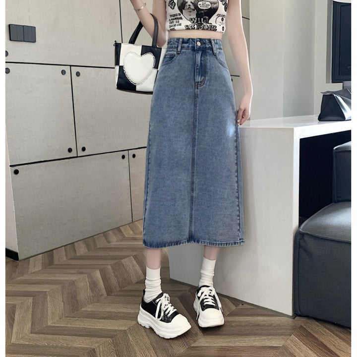 Dame midi denim nederdel med frontslids Stilla