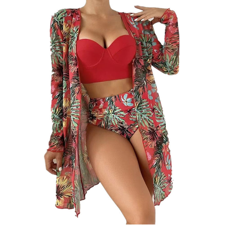 Dame strandoutfit med floralt cover-up og højt skåret bikini Stilla