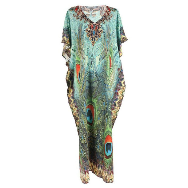 Dame Kaftan med kunstnerisk påfuglemotiv Stilla