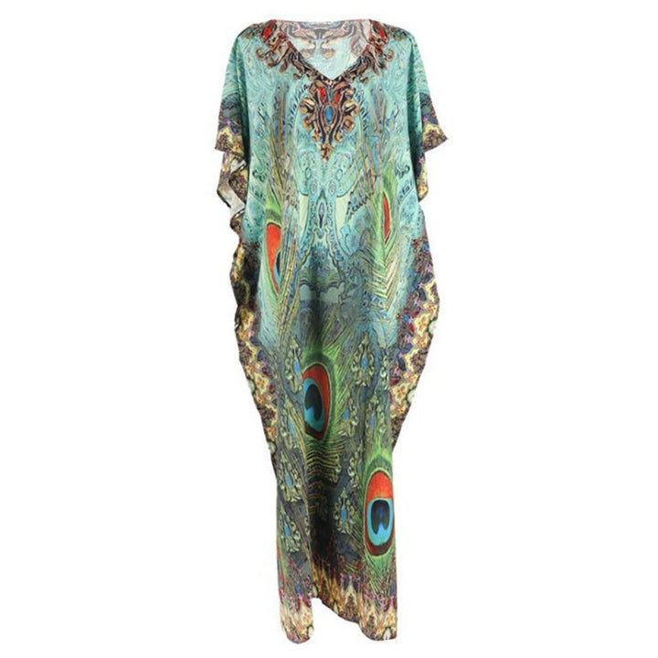 Dame Kaftan med kunstnerisk påfuglemotiv Stilla