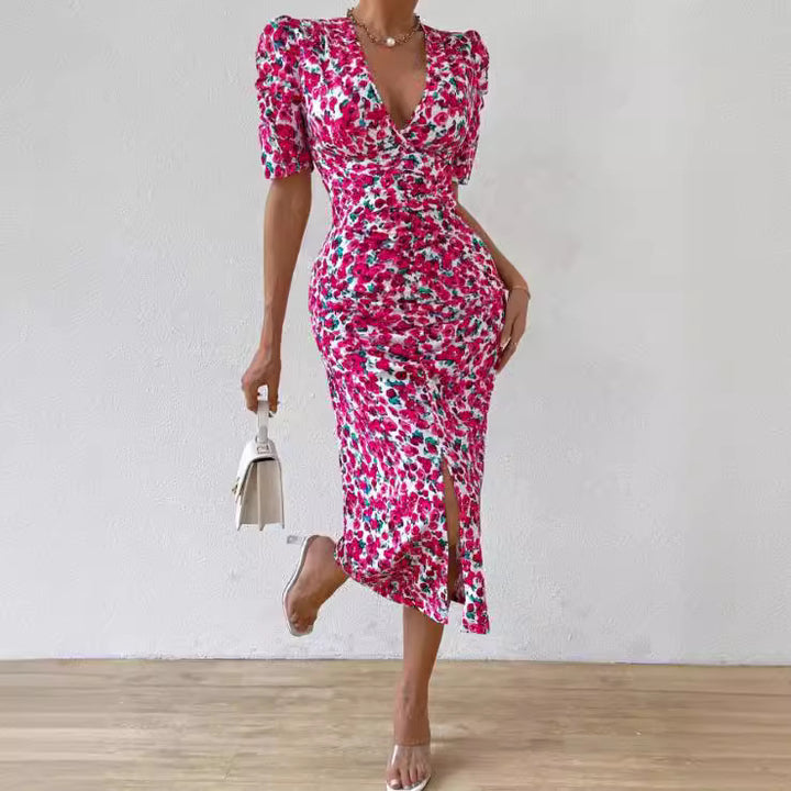 Dame omslagskjorte med elegante puffærmer og blomstermotiv Stilla
