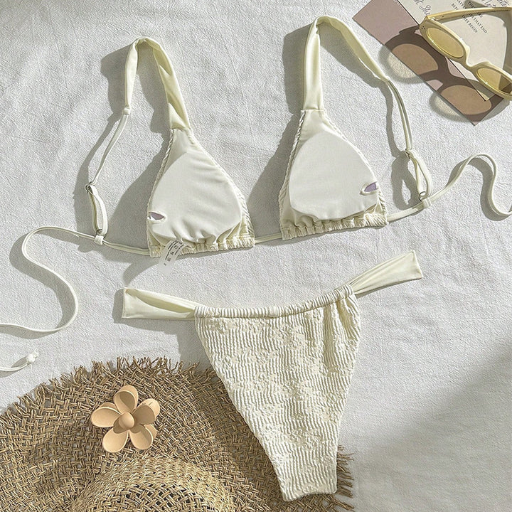 Dame triangel-bikini med rynket design og justerbare stropper Skovae