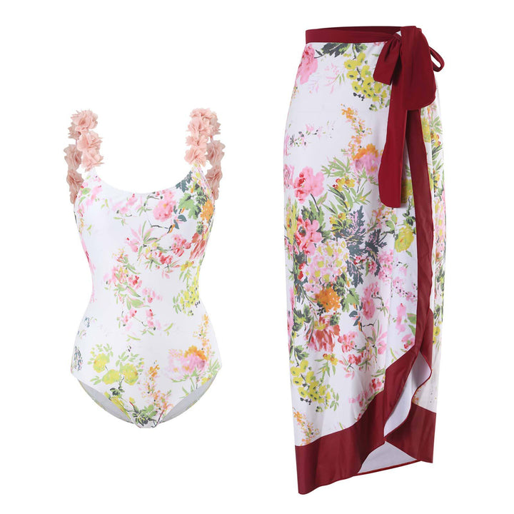 Dame Højskåret Én-delt Badedragt med blomstermotiver og matchende Wrap Skirt Stilla