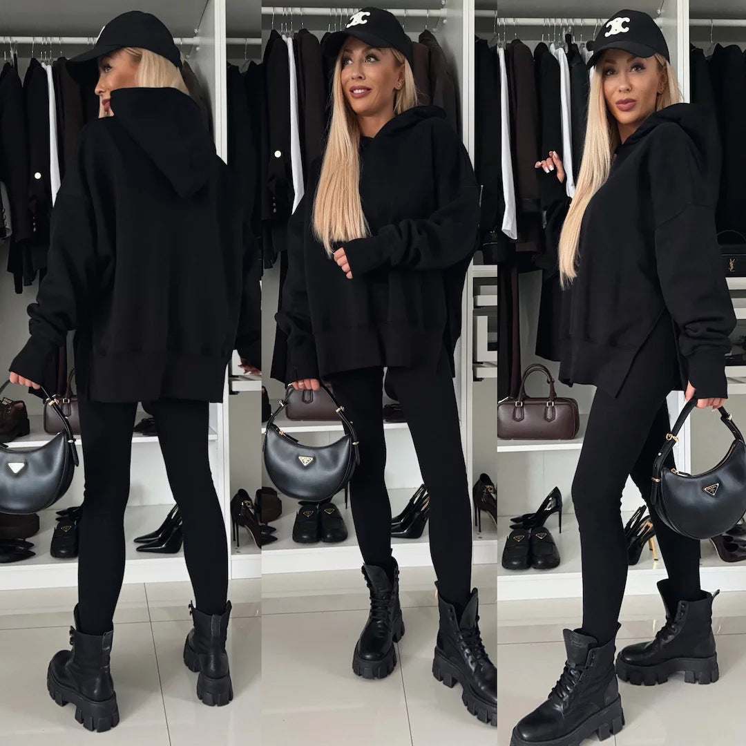 Stilla | Trendy Ensfarvet Trykt Hoodie Sæt