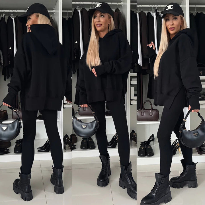 Stilla | Trendy Ensfarvet Trykt Hoodie Sæt