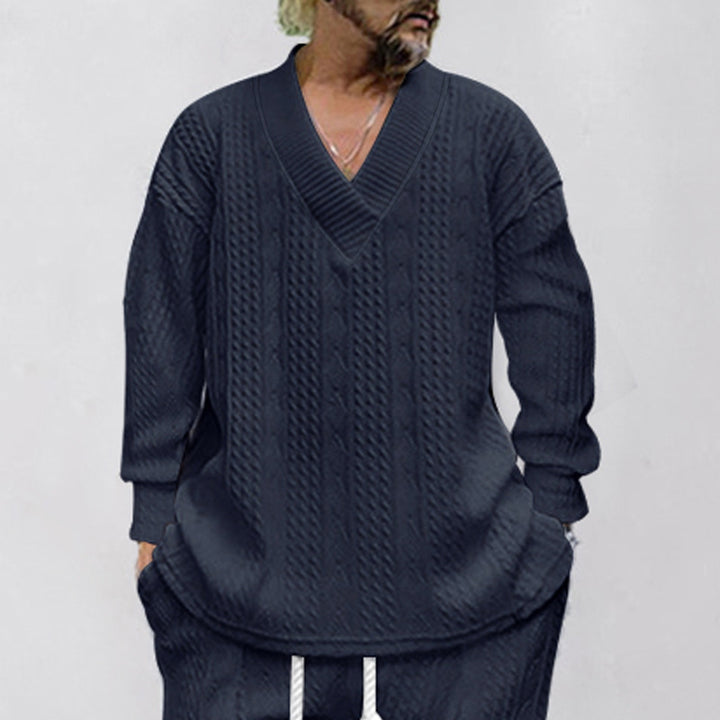 Herren nan Oversize Fletmønster-Longpullover med dyb V-halsudskæring og matchende strikbukser Skovae