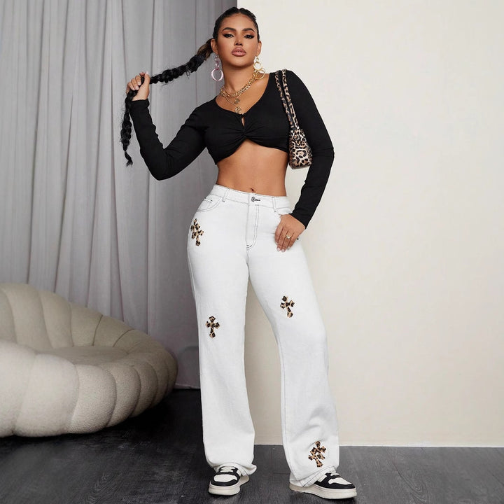 Kvindernes casual jeans med iøjnefaldende dyre print applique Stilla