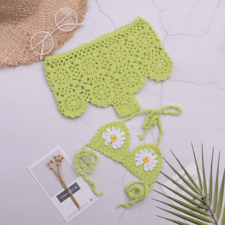 Dame hæklet bikini-sæt med florale applikationer og legende design Stilla