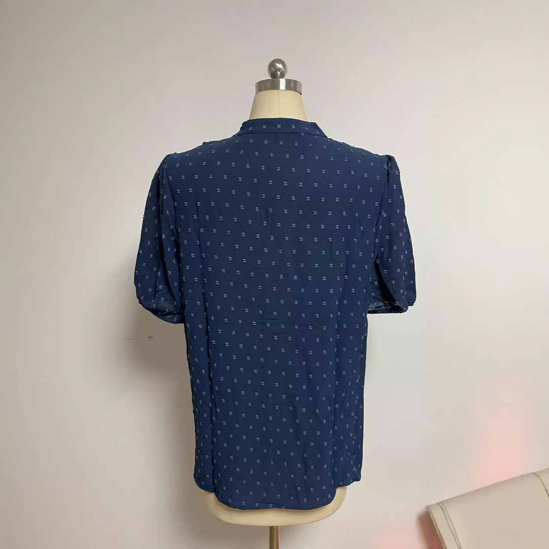 Dame nan semitransparent Dobby-bluse med ståkrave, hæklet detalje og pufærmer Skovae