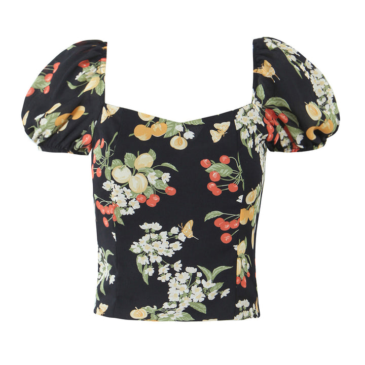 Dame Blusenshirt med luftige pufærmer og blomsterdesign Stilla