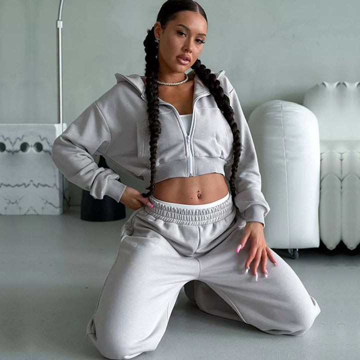 Kvinders sporty cropped jakke og bukser sæt Skovae