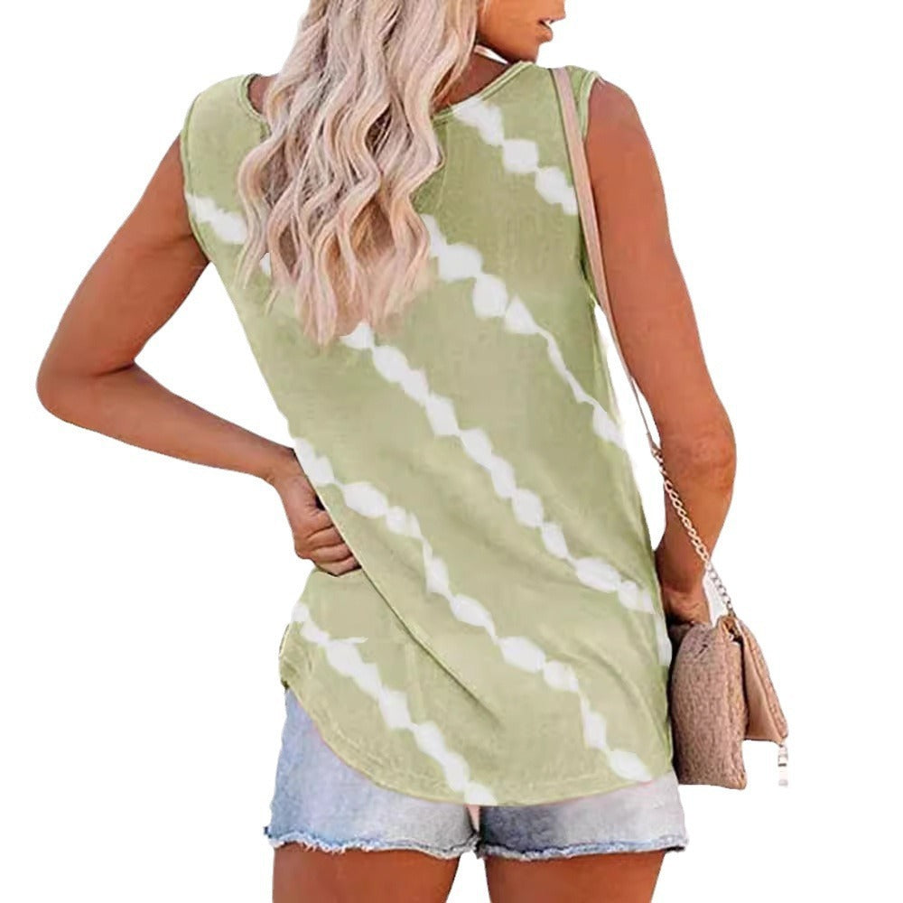 Dame ærmeløs top med smagfuldt knapdetalje og moderne tie-dye mønster Stilla