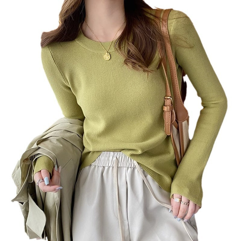 Dame Figurtilpasset Ribstrikket Sweater med Rund Hals