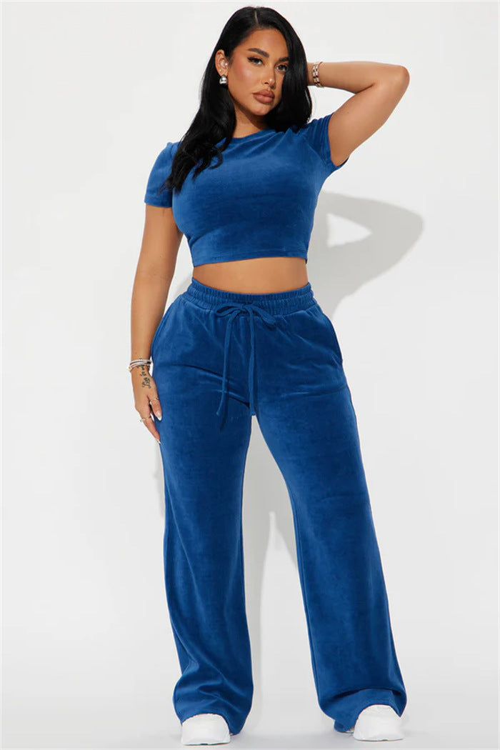Damernes bløde velour loungewear sæt med cropped top og løse bukser Skovae