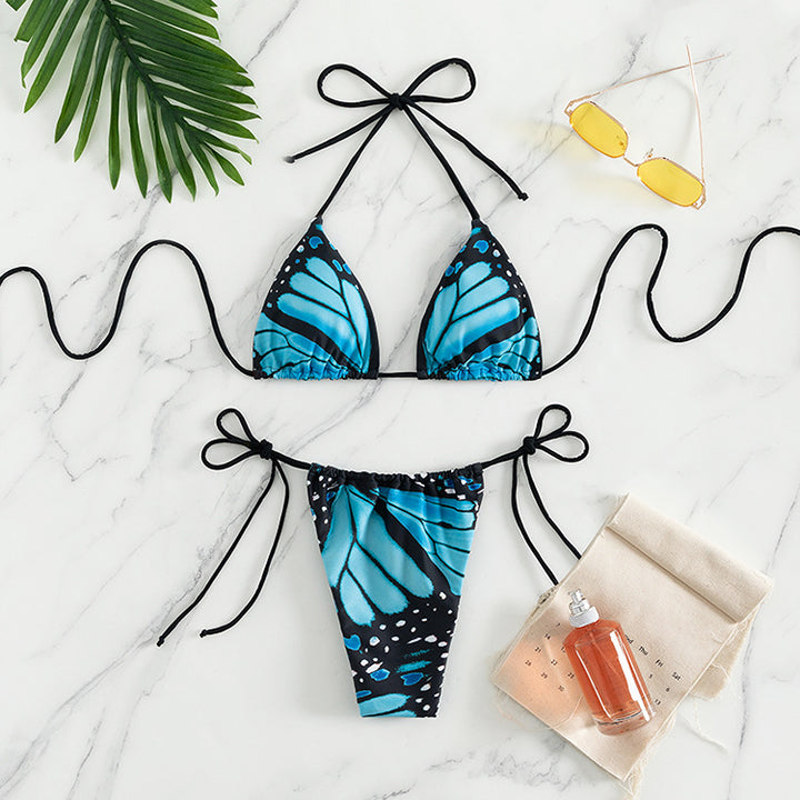 Dame Triangel-Bikinisæt med flot sommerfuglemønster og justerbare bånd Stilla