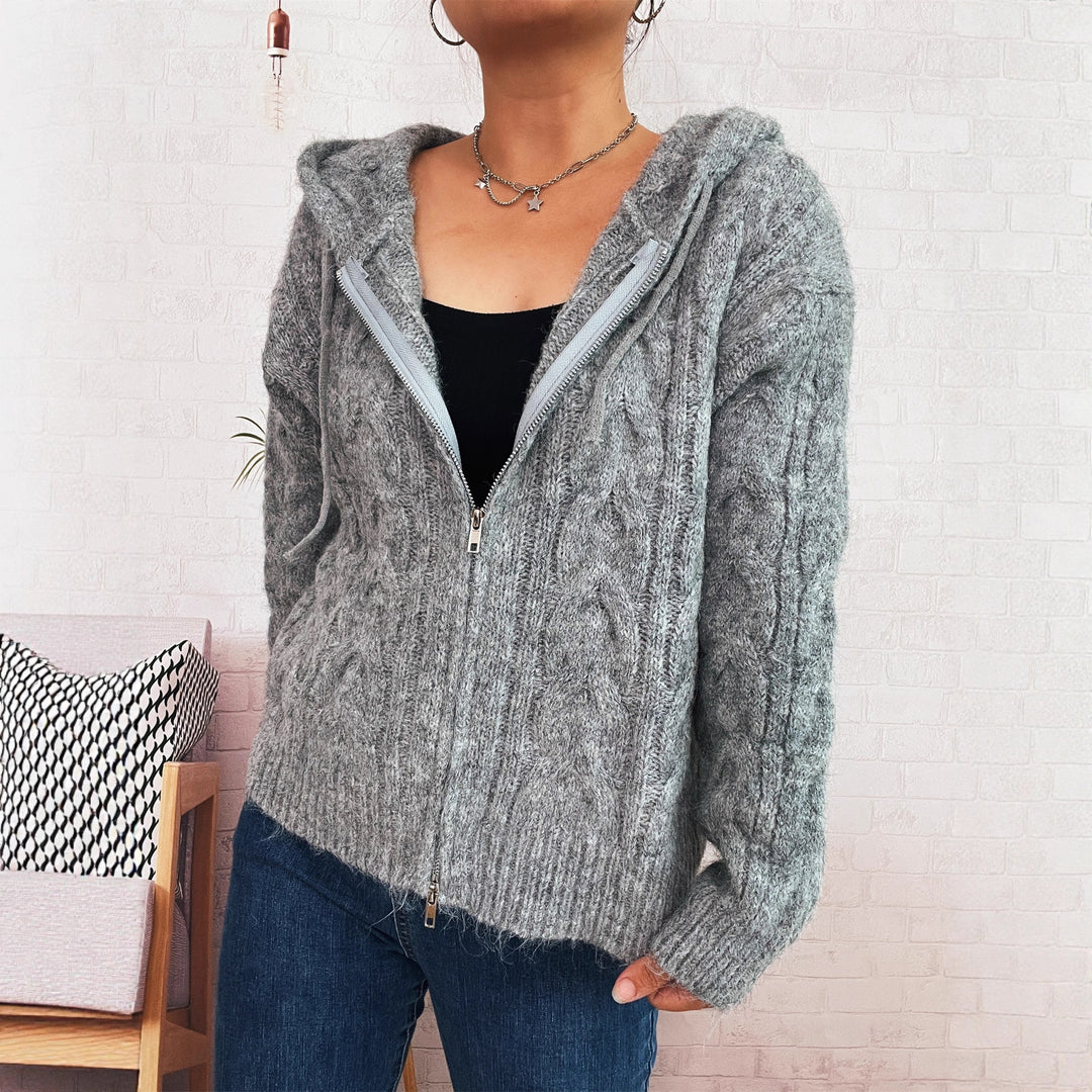 Kvindernes stripe chunky strik zip hættejakke med hætte og blødt materiale Stilla
