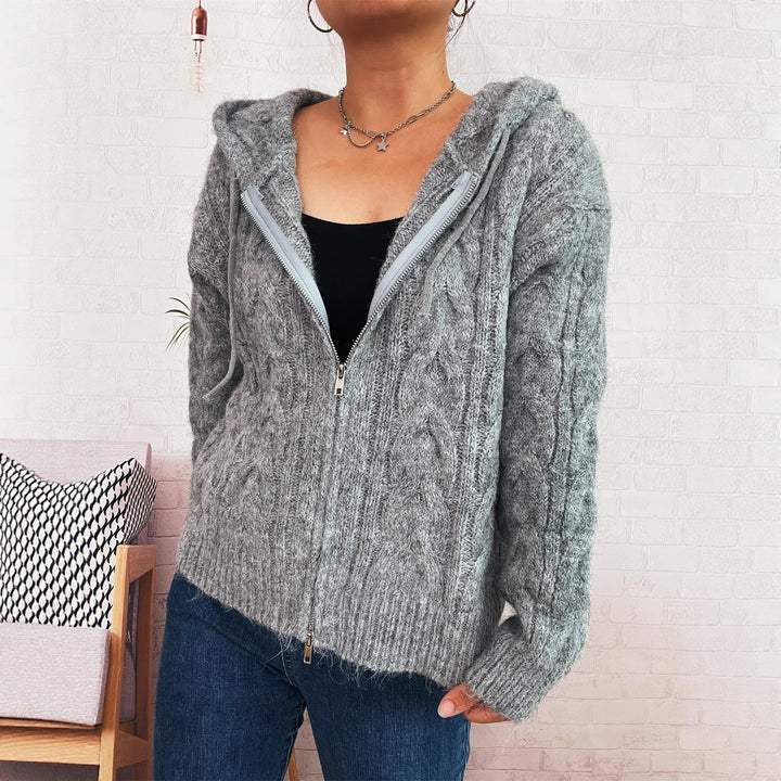 Kvindernes stripe chunky strik zip hættejakke med hætte og blødt materiale Stilla