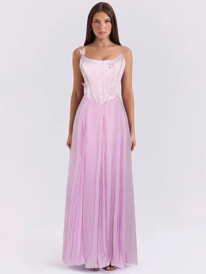 Dame nan figursyet korsett-maxikjole med sommerfuglstropper og plisseret chiffon nederdel Skovae