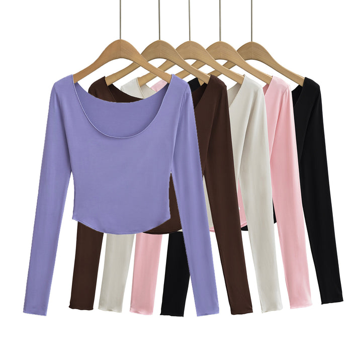 Dame langærmet crop-top med elegant rundhalsudskæring Stilla