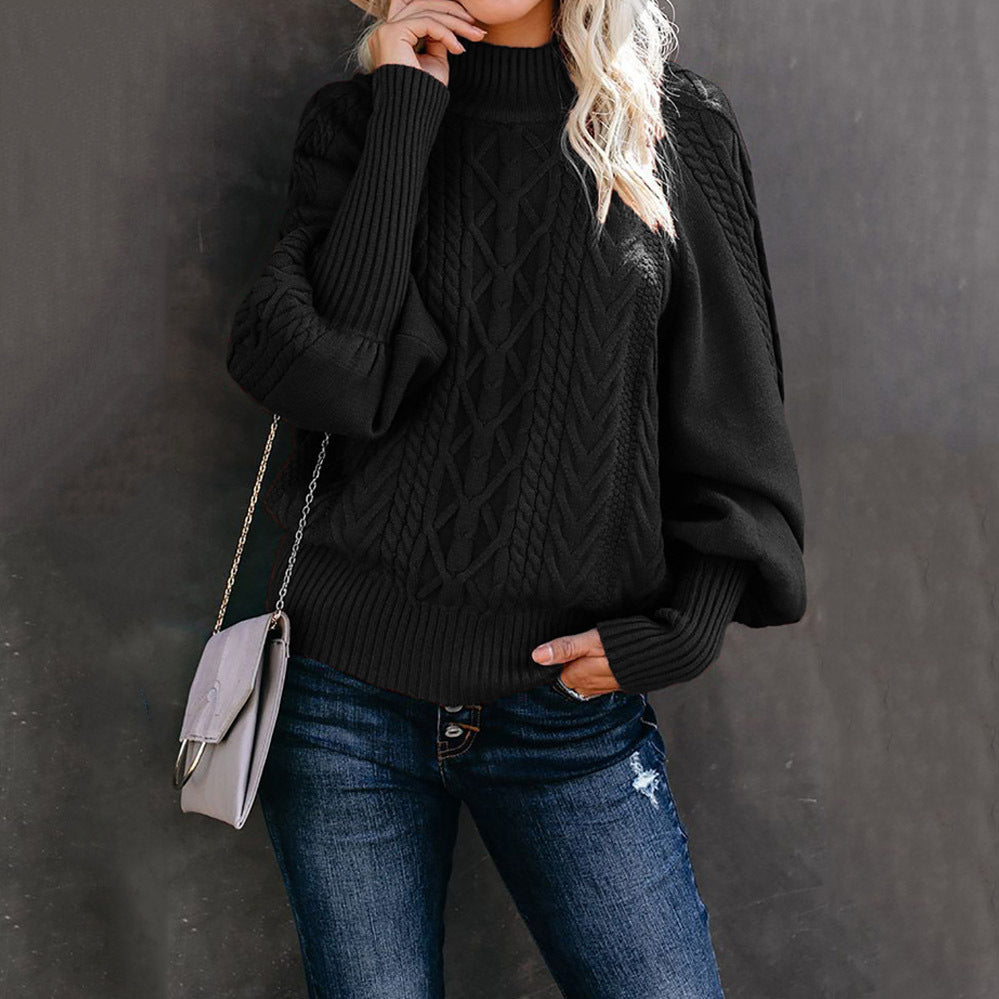 Kvinders strikket sweater med opretstående krave og kabelmønster Stilla