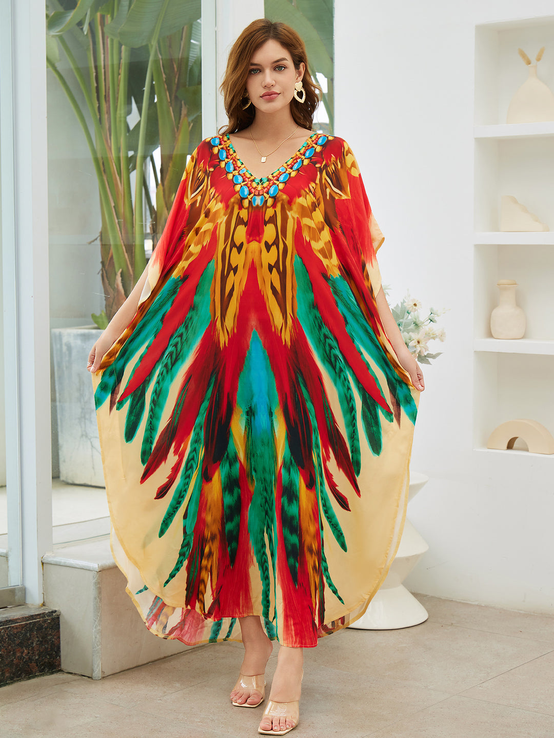 Dame Kaftan med kunstnerisk etno-mønster og elegant V-udskæring Stilla