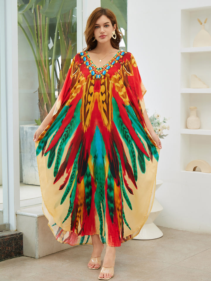 Dame Kaftan med kunstnerisk etno-mønster og elegant V-udskæring Stilla