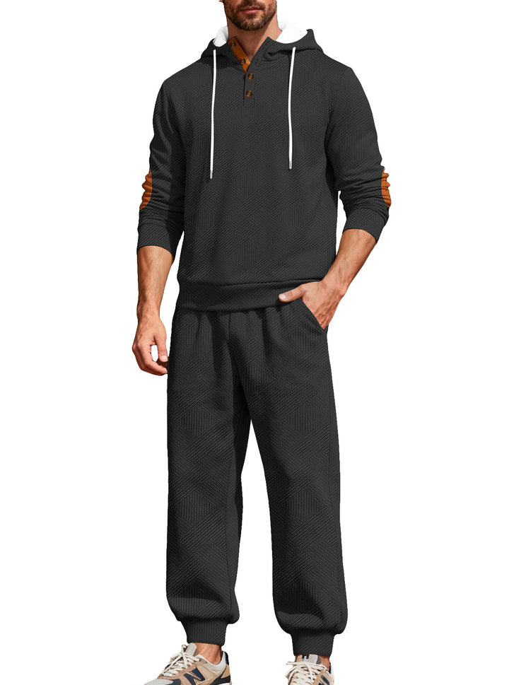 Herre nan struktureret hoodie-jogging sæt med Henley-knapstolpe og kontrast-albue-patches Skovae