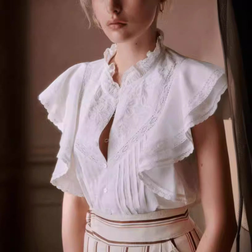 Dame elegant spidsbluse med flæser og folder Stilla