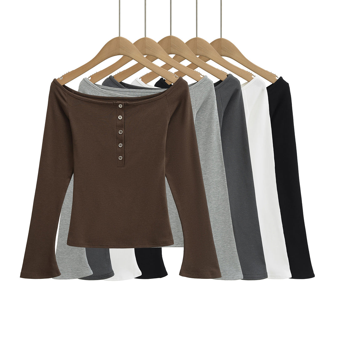 Dame Off-Shoulder Langærmet T-shirt med elegant knapliste og fint ribmateriale Stilla