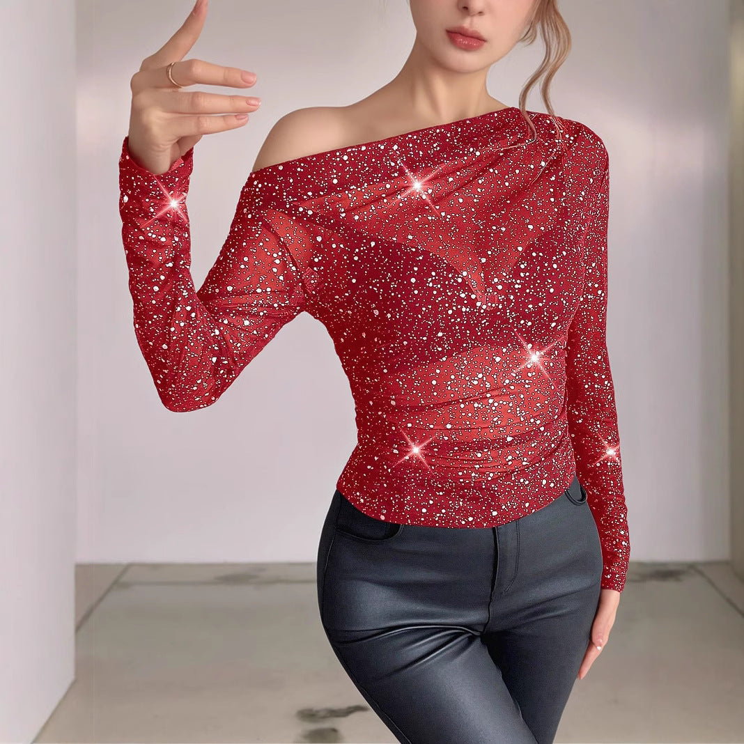 Dame Off-Shoulder Glitrende Mesh-Oberdel Stilla