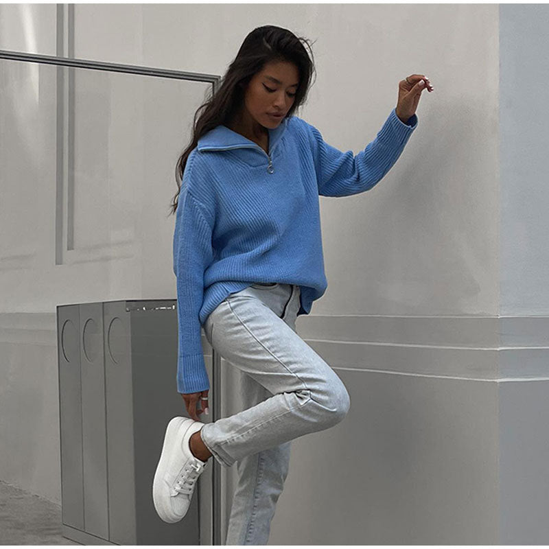 Kvindernes oversized strikket sweater med høj hals og lynlås Stilla