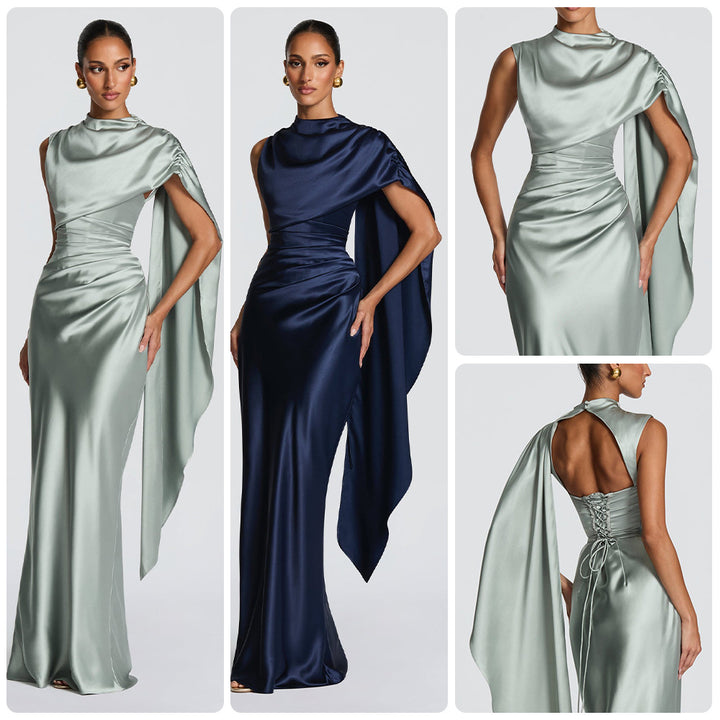 Dame elegante maxi kjoler med asymmetrisk top og flydende satin