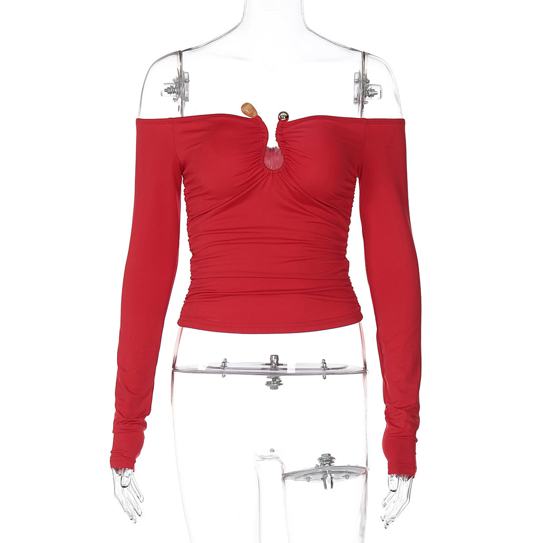 Dame Off-Shoulder Bluse med dyb udskæring og fint ruffles design Stilla