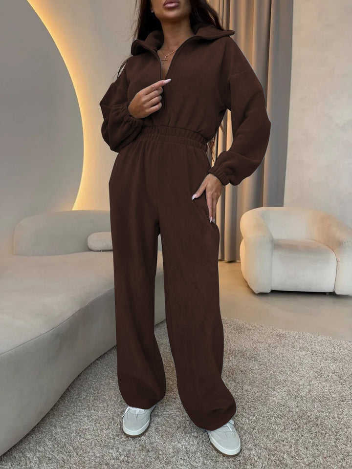 Kvinders elegante fleece jumpsuit med høj krave og elastisk talje Skovae