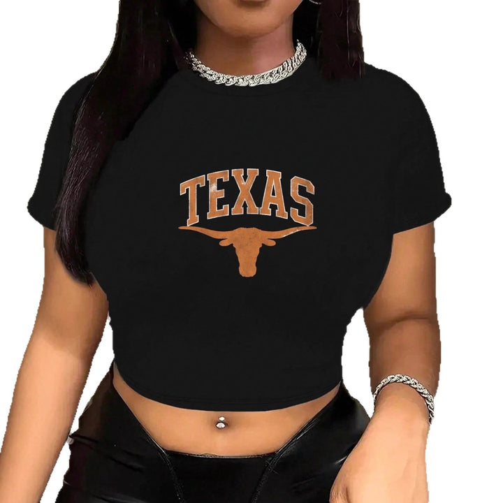 Damer Crop-T-shirt med kreativ Texas-design og tætsiddende snit Skovae