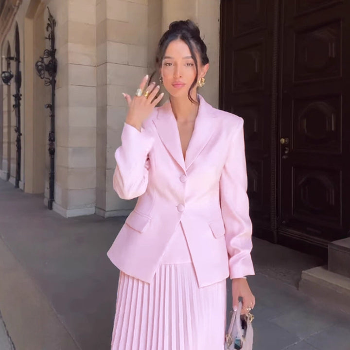 Dame elegant omslagkjole med taillers blazer og svingende nederdel Stilla